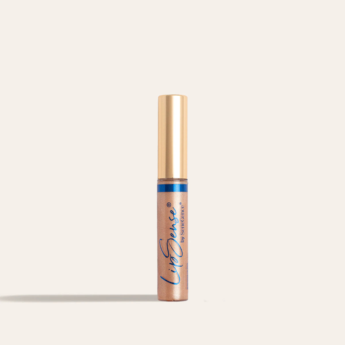 LipSense moisturizing gloss in bronze shade in a clear tube with a gold cap and blue logo text.