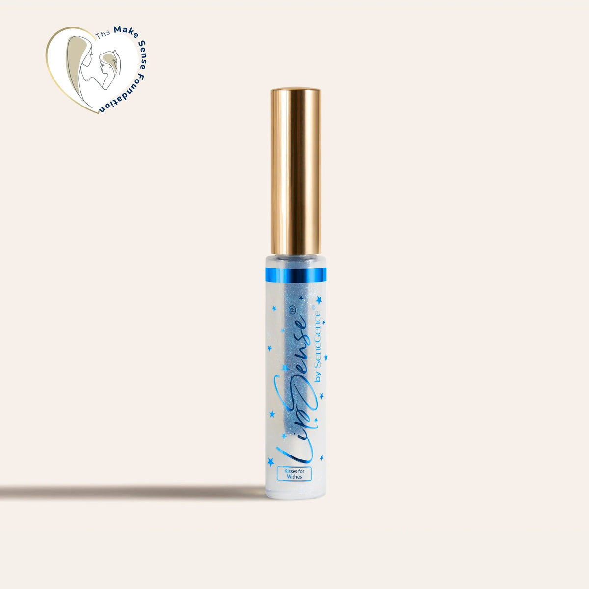 LipSense moisturizing gloss in a clear tube with blue star pattern and a tall gold cap.
