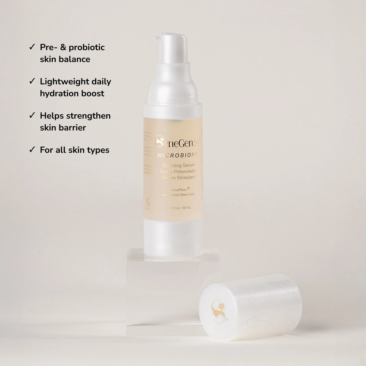 SeneGence Microbiome Boosting Serum product with benefit callouts .