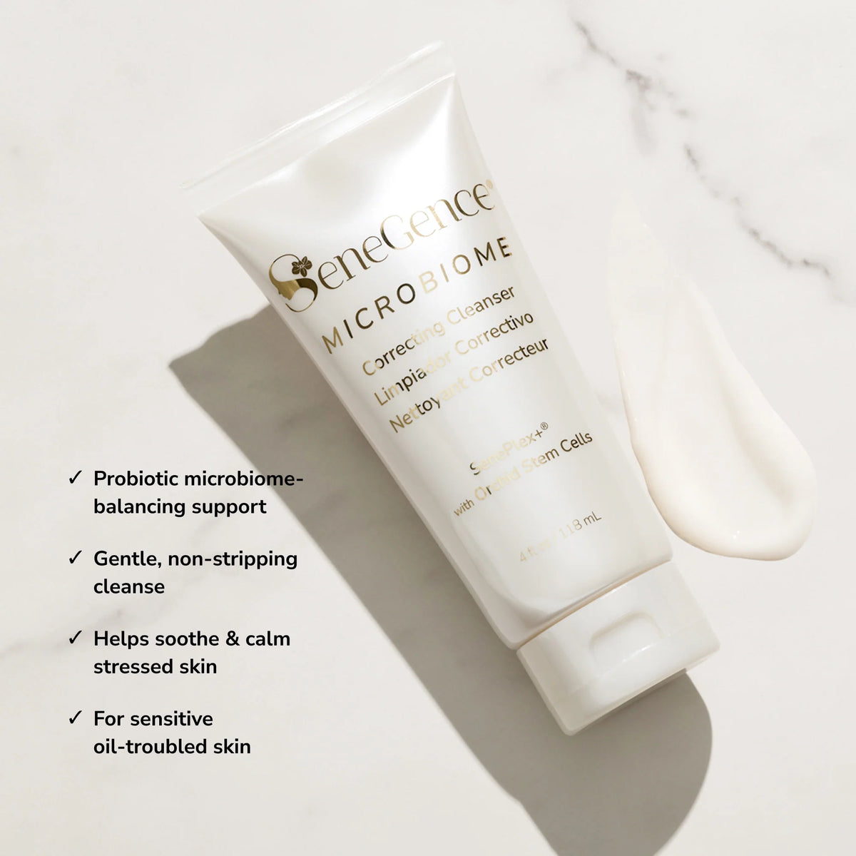 SeneGence Microbiome Correcting Cleanser product with benefit callouts.
