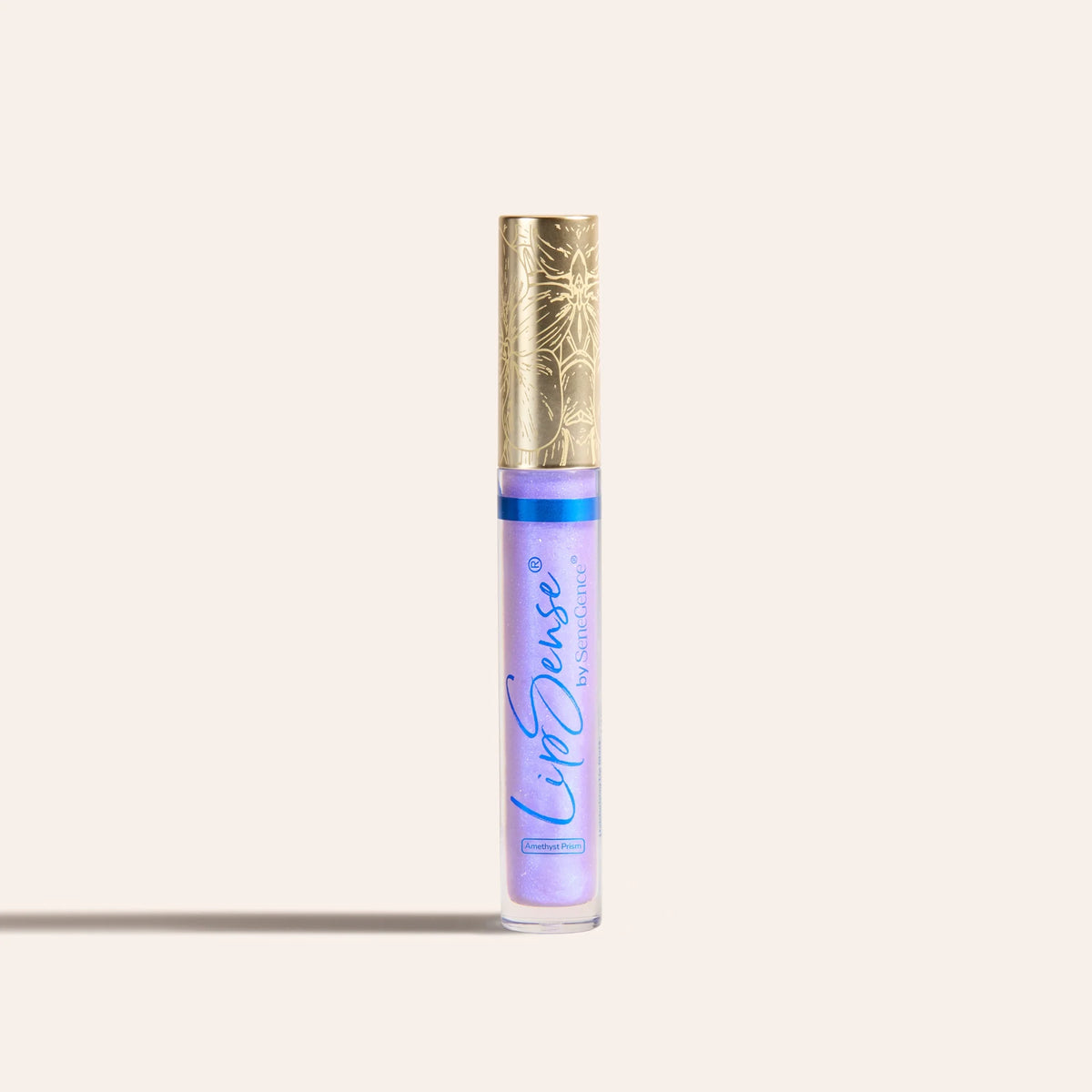 LipSense moisturizing gloss in lavender shade in a clear tube with an ornate gold cap