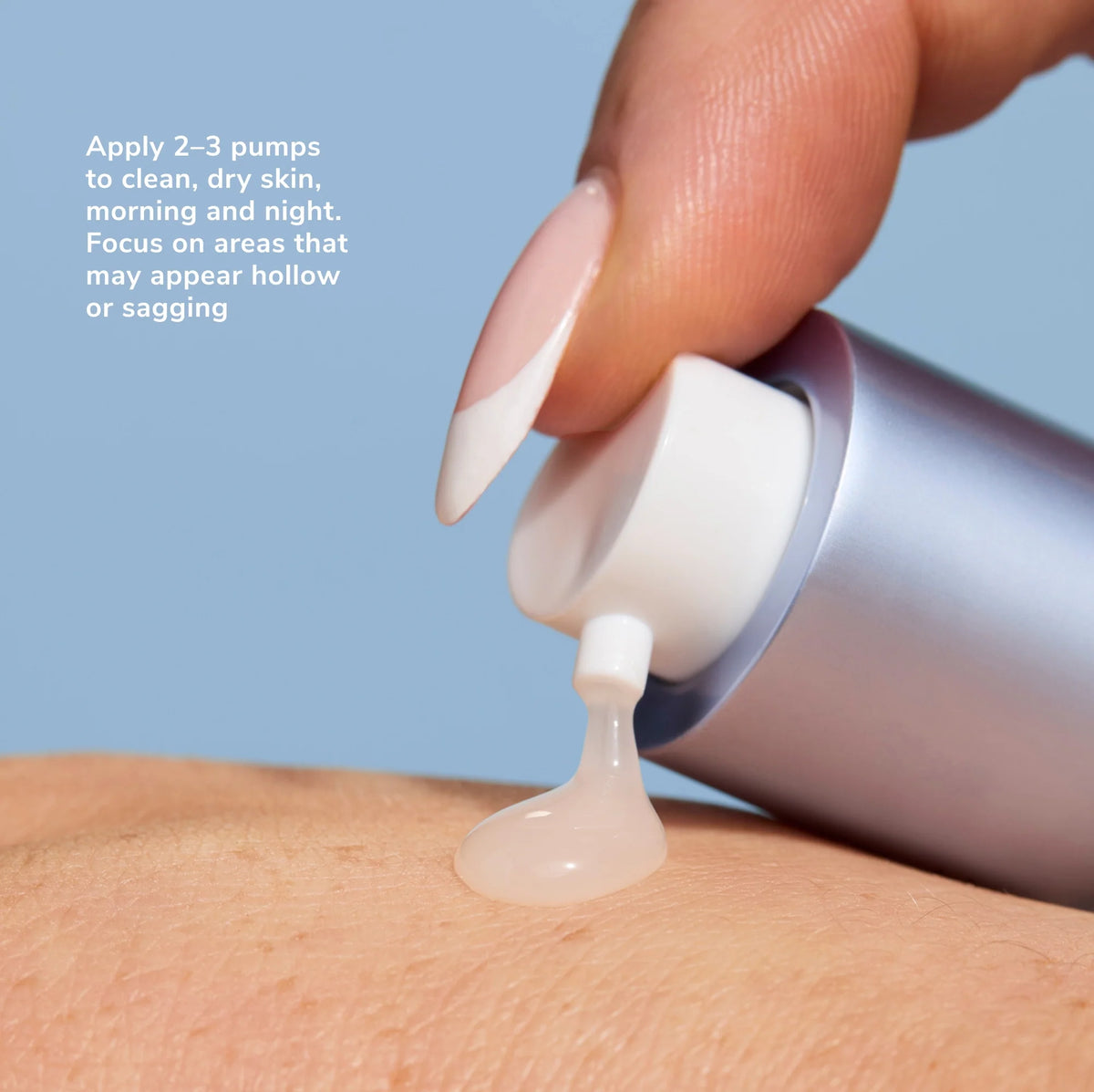 Close up of GLP Complex pump dispensing a pale gel onto the skin.