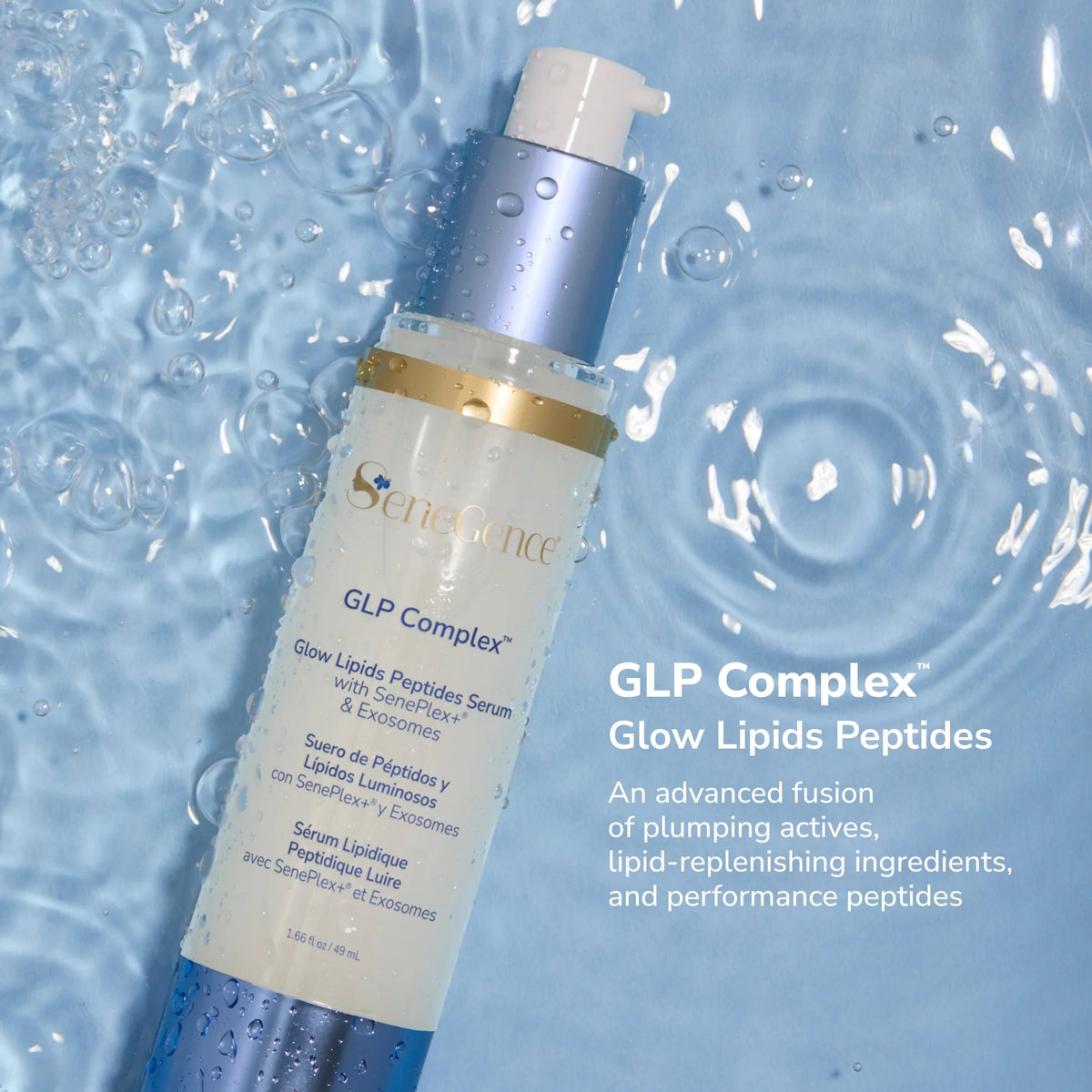 SeneGence GLP Complex serum bottle with pump on a blue water background
