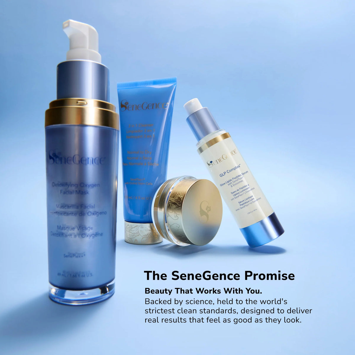 SeneGence skincare trio on a blue backdrop featuring a facial mask, a 3 in 1 cleanser, and GLP Complex.